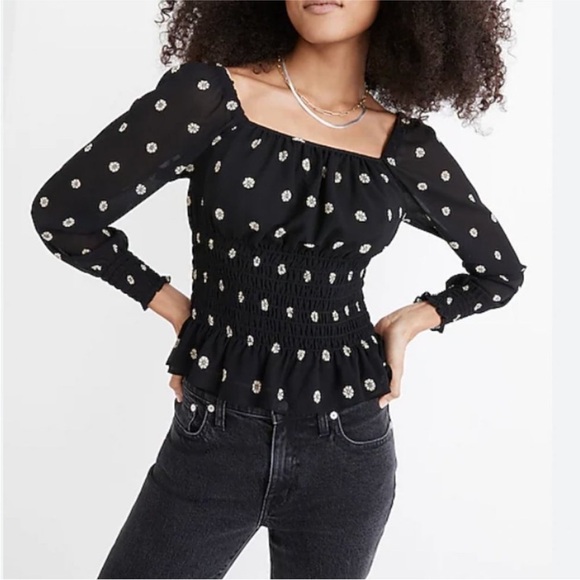 Madewell Tops - Madewell (Re)sourced‎ Georgette Square-Neck Smock-Waist Top in Bloom Dot Medium